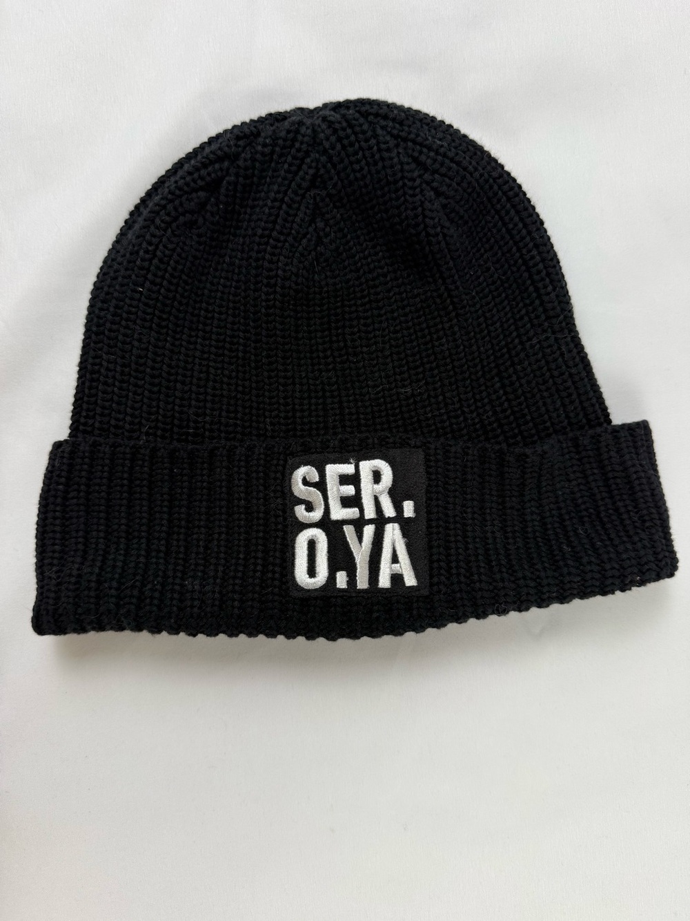 SER.O.YA Black Ribbed Knit Logo Beanie Hat 100% Cotton One Size